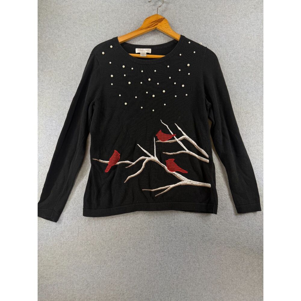 Christopher & Banks Petite P/M Black Cardinal Pearl Embellished Sweater 3789